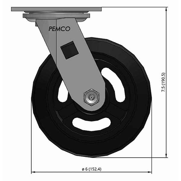 Side view drawing of caster with dimensions